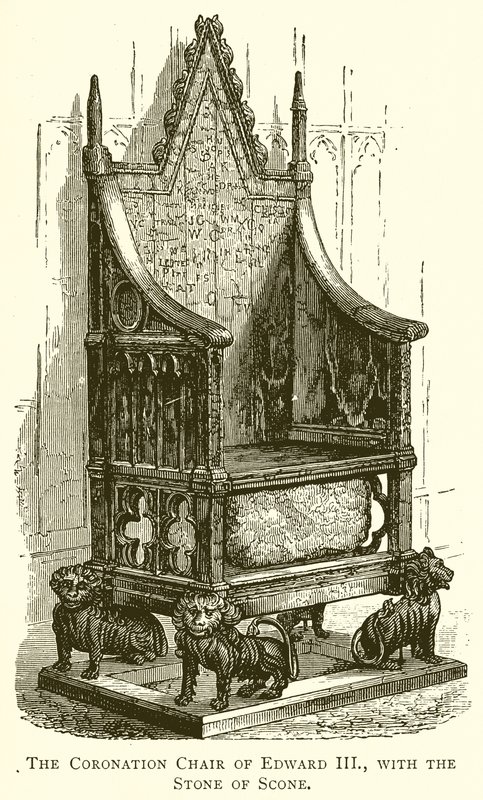 Korunovační křeslo Edwarda III., s Stone of Scone od English School