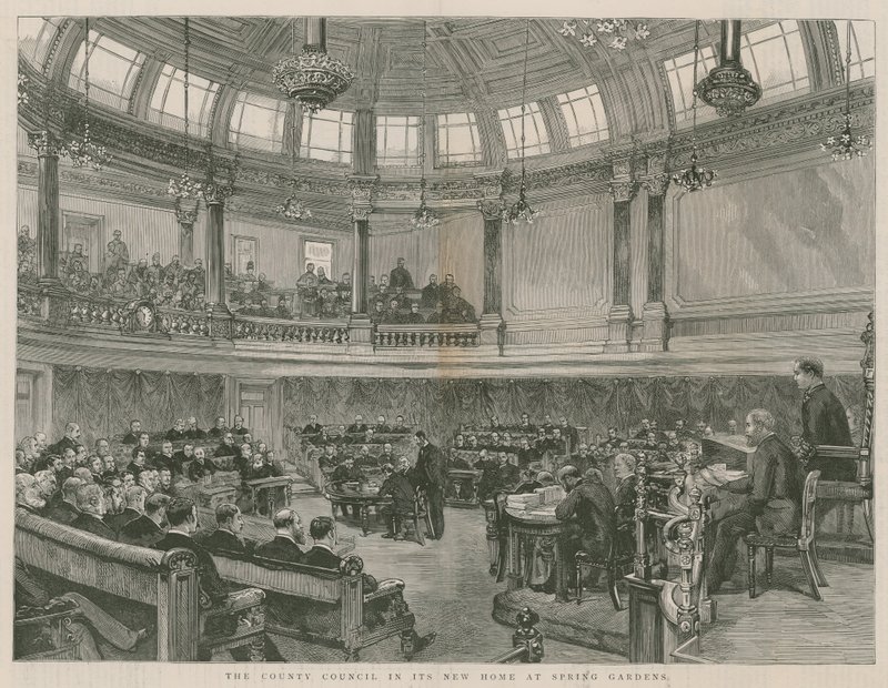 County Council ve svém novém domově v Spring Gardens v Londýně od English School