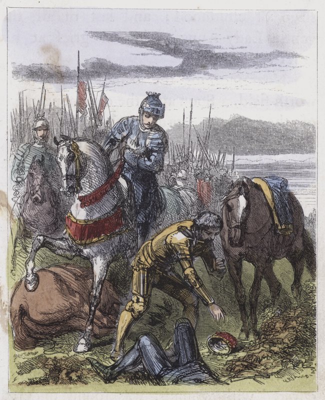 Koruna Richarda III., nalezená na Bosworthském poli (barevná rytina) od English School