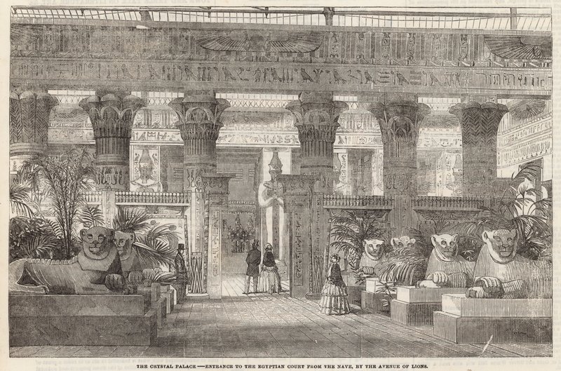 Křišťálový palác: Vstup do egyptského dvora z lodi u Avenue of Lions od English School