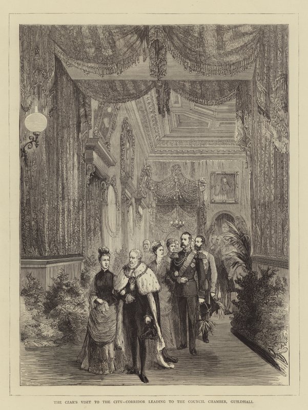 Carova návštěva ve městě, chodba vedoucí do síně Rady, Guildhall (rytina) od English School