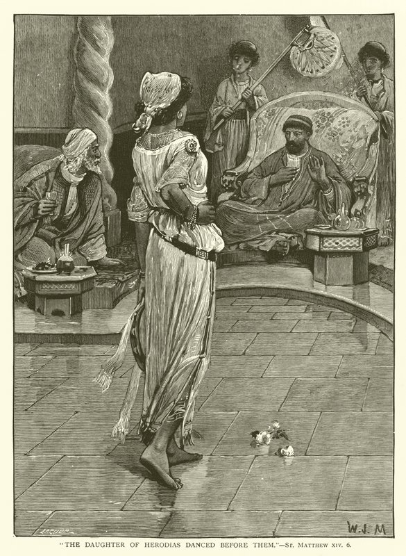"Dcera Herodiadin tančila před nimi", St Matthew, XIV, 6 (rytina) od English School