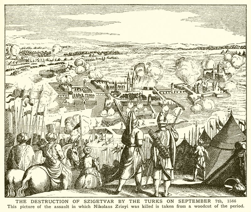 Zničení Szigetvaru Turky 7. září 1566 od English School