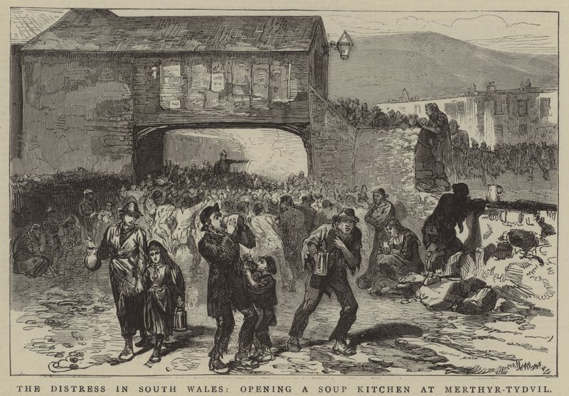 Nouze v jižním Walesu, otevření polévkové kuchyně v Merthyr-Tydvilu (rytina) od English School