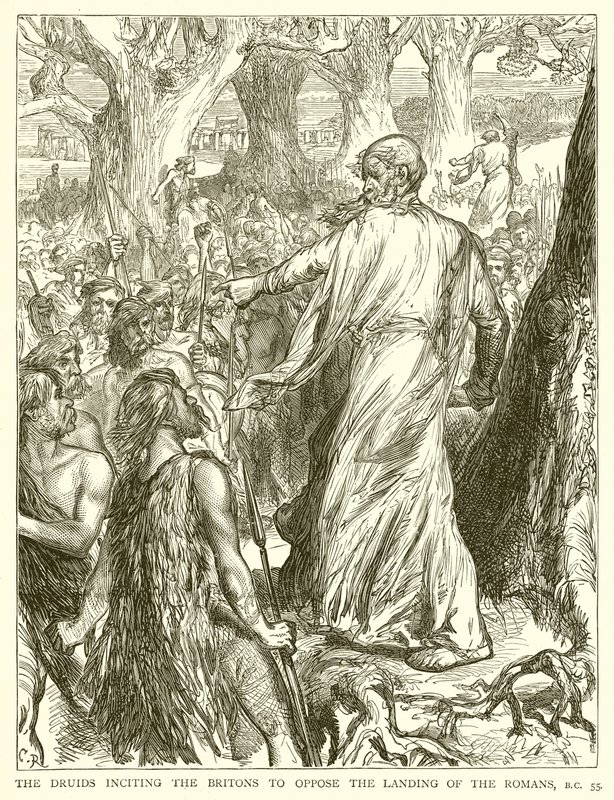 Druidové podněcující Brity, aby se postavili vylodění Římanů, př.n.l. 55 od English School