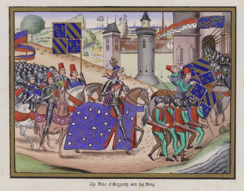 Vévoda z Burgundska a jeho armáda (barevná rytina) od English School