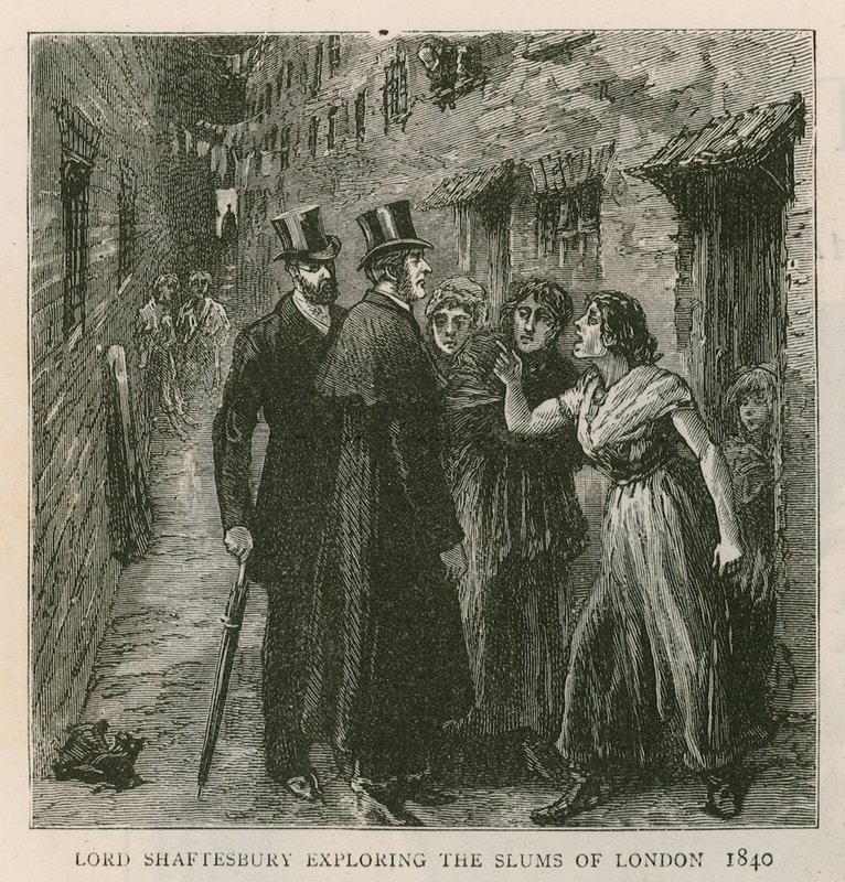 hrabě z Shaftesbury; průzkum slumů v Londýně, 1840 od English School