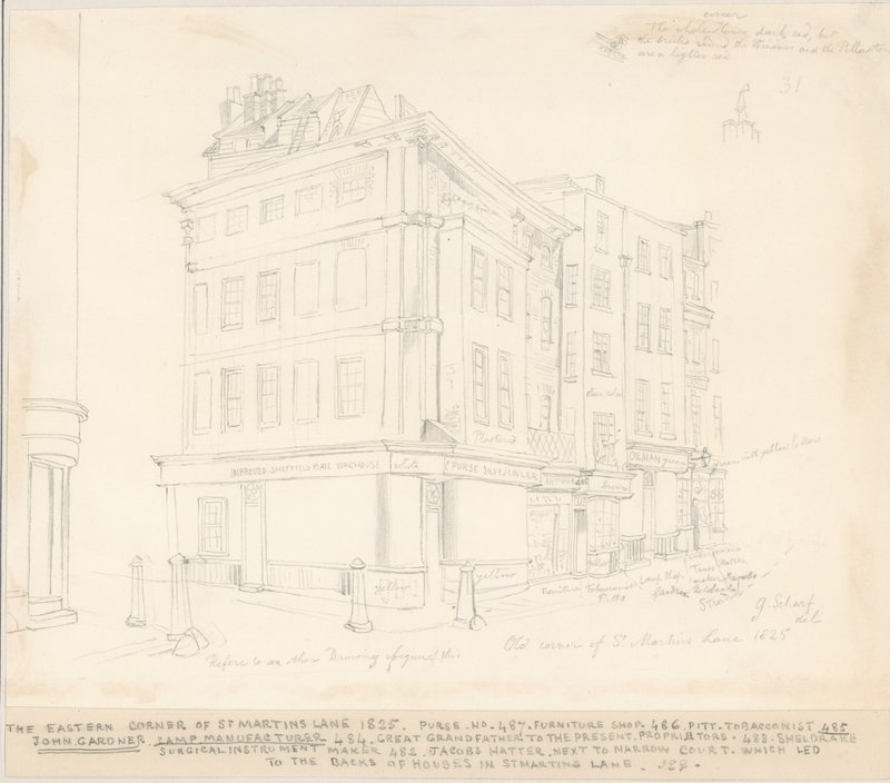 Východní roh St Martins Lane, Londýn, 1825 od English School