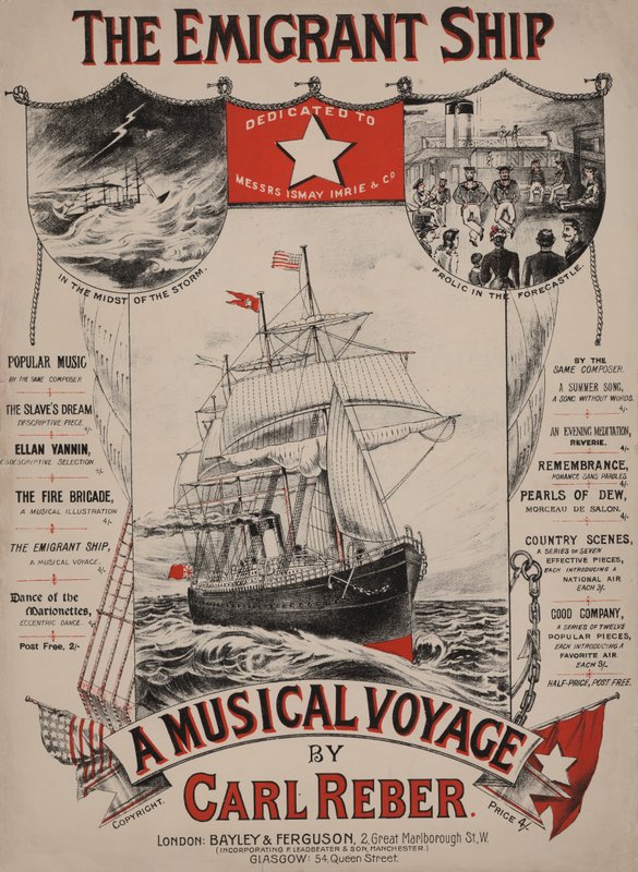 The Emigrant Ship, viktoriánský notový obal (barevná litografie) od English School