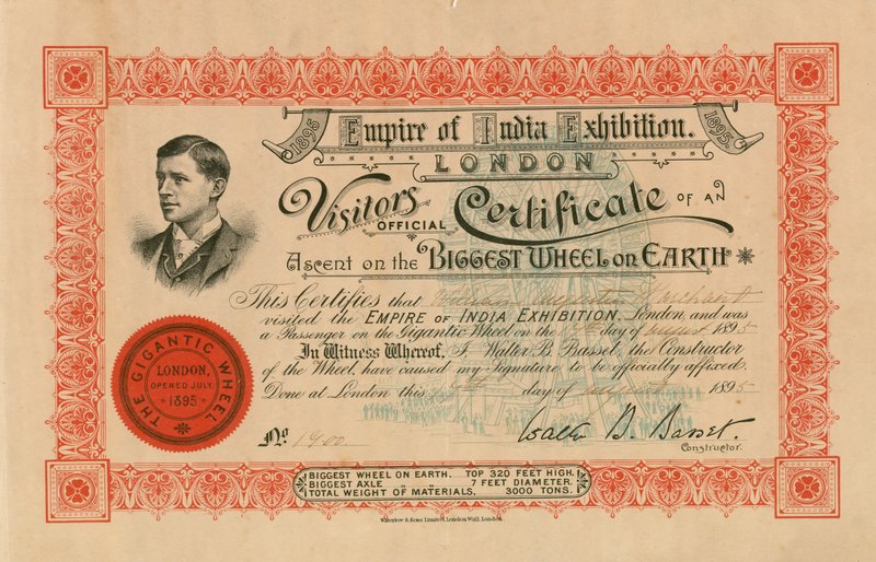 The Empire of India Exhibition, Londýn, oficiální návštěvnický certifikát o výstupu na Největší kolo na Zemi; Velké kolo, Earls Court od English School