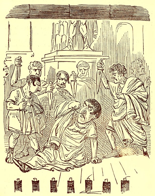 Konec Julia Caesara, ilustrace z Komiksové historie Říma od Gilberta Abbotta a Becketta, vydaná kolem roku 1850 (digitálně vylepšený obrázek) od English School