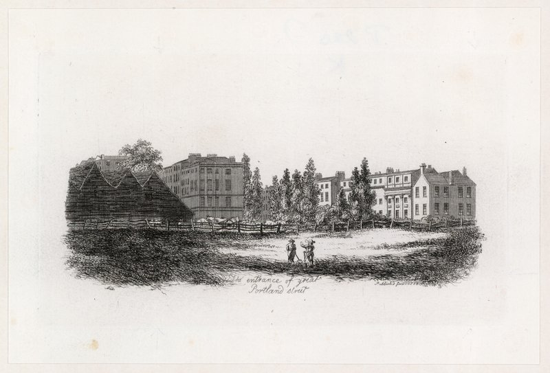 Vchod do Great Portland Street, Marylebone, Londýn od English School