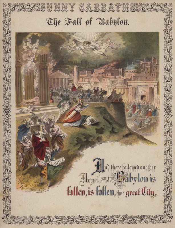 Pád Babylonu (barevná rytina) od English School