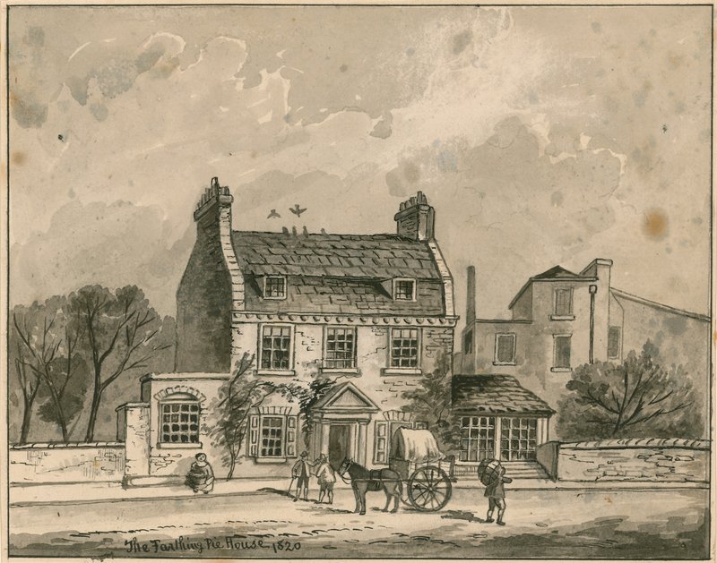 The Farthing Pie House, Londýn, původní kresba z roku 1820 (wc na papíře) od English School