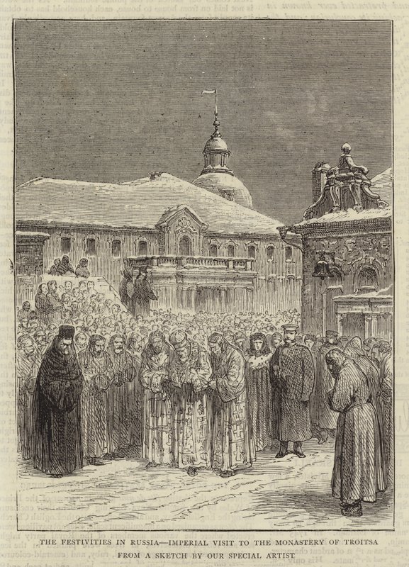 Slavnosti v Rusku, císařská návštěva kláštera Troitsa (rytina) od English School