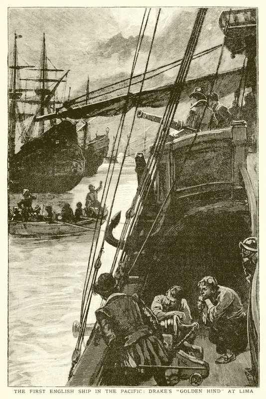 První anglická loď v Pacifiku: Drakes Golden Hind v Limě od English School
