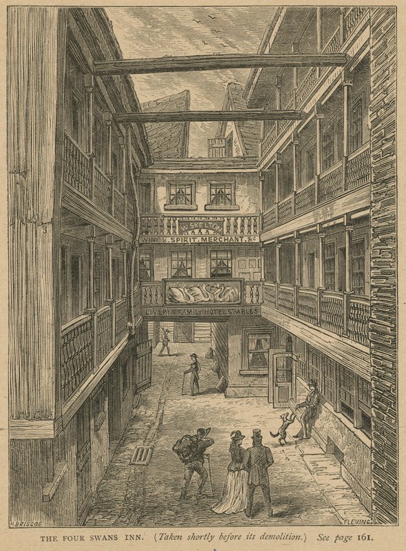 The Four Swans Inn, přijatý krátce před jeho demolicí od English School