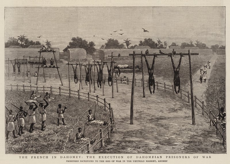Francouzi v Dahomey, poprava dahomejských válečných zajatců (rytina) od English School