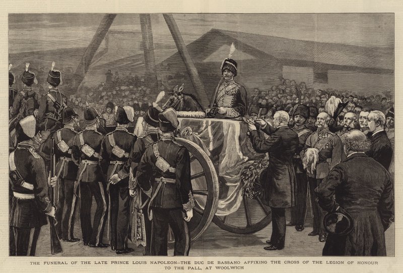 Pohřeb zesnulého prince Louise Napoleona, vévody de Bassano, připevnění Kříže Čestné legie k Pall, ve Woolwichi (rytina) od English School