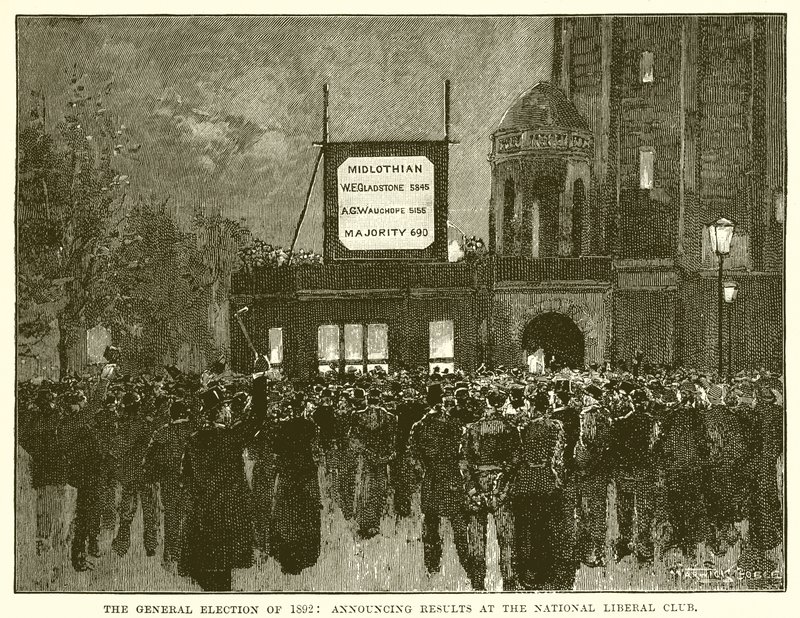 Všeobecné volby z roku 1892: Vyhlášení výsledků v Národním liberálním klubu od English School