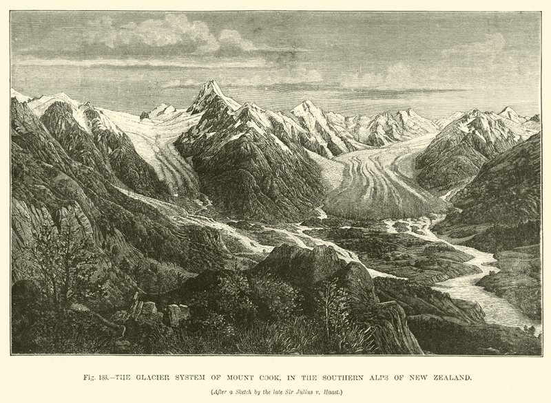 Ledovcový systém Mount Cook, v jižních Alpách Nového Zélandu od English School