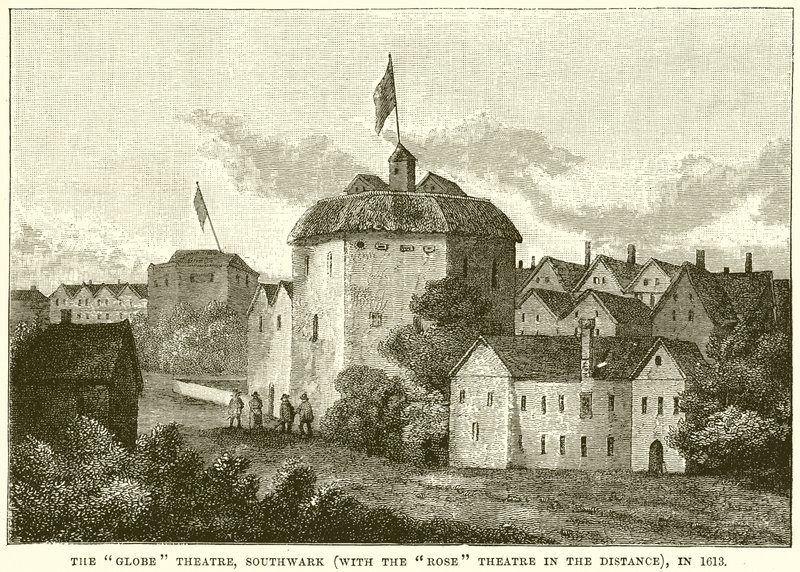 Divadlo Globe, Southwark (s divadlem růží v dálce), v roce 1613 od English School