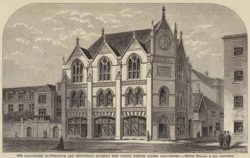 Nové obchody Gloucester Co-Operative and Industrial Society, Barton Street, Gloucester (rytina) od English School