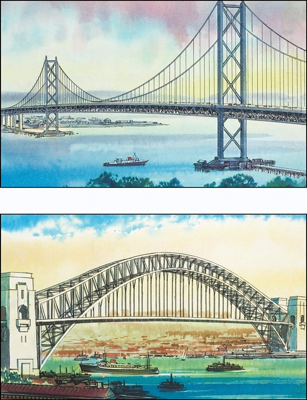 Golden Gate Bridge v San Franciscu a Sydney Harbour Bridge od English School