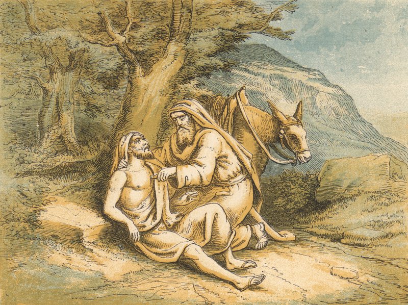 Dobrý Samaritán (barevná rytina) od English School