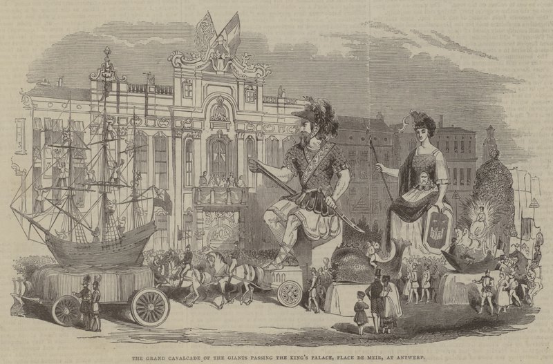 Velká kavalkáda obrů kolem Královského paláce, Place de Meir, v Antverpách od English School