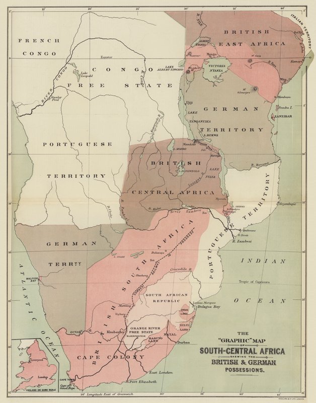 Grafická mapa jižní a střední Afriky zobrazující britský a německý majetek (barevně lito) od English School