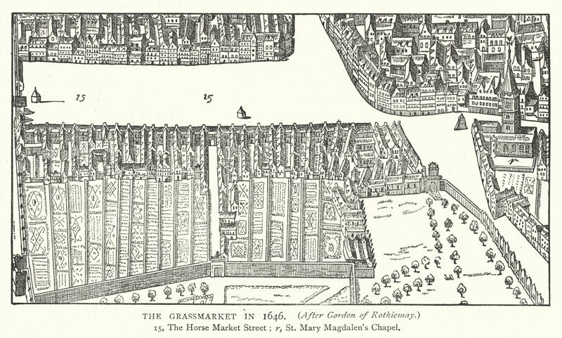 Grassmarket v roce 1646 (rytina) od English School