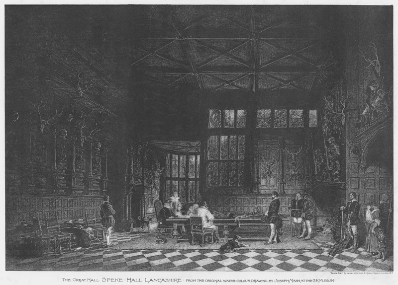 Velký sál, Speke Hall, Lancashire (litho) od English School