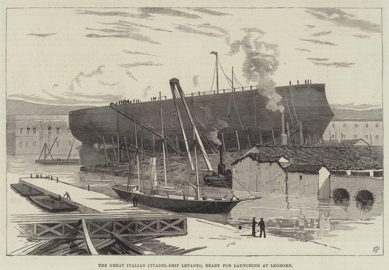 Velká italská citadela – loď Lepanto, připravená ke spuštění v Leghornu (rytina) od English School