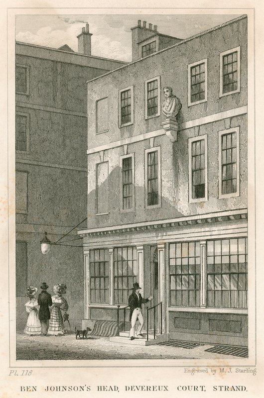 The Grecian Coffee House, Devereux Court, Strand, s bustou Bena Johnsona od English School