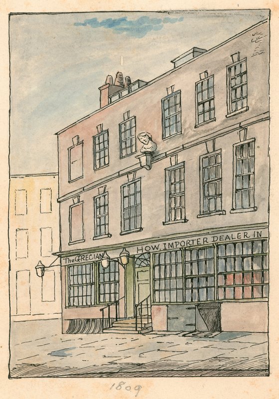 The Grecian Coffee House, Devereux Court, Strand, s bustou Bena Johnsona od English School