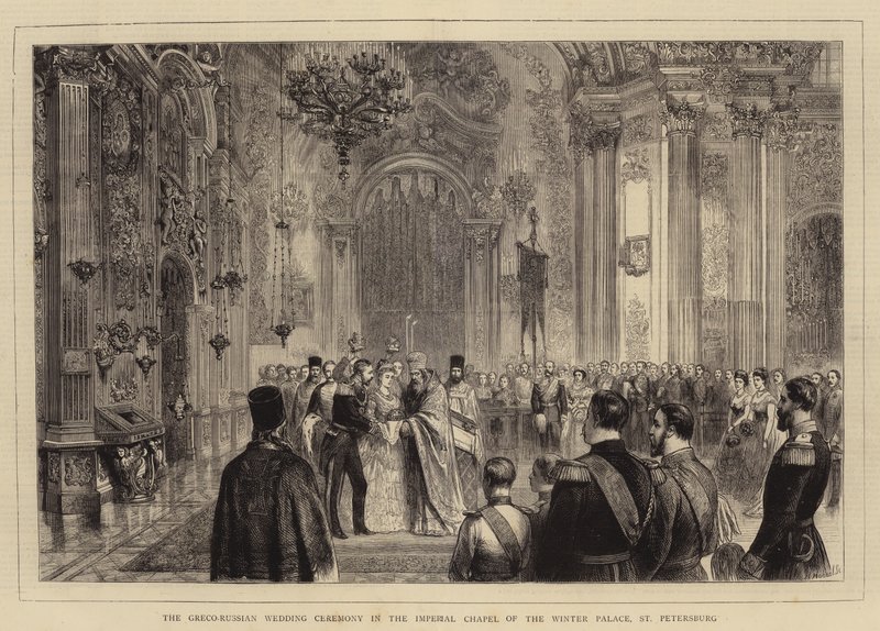 Řecko-ruský svatební obřad v Císařské kapli Zimního paláce, Petrohrad (rytina) od English School