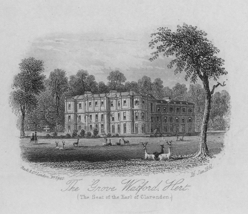The Grove Watford, Hertfordshire, sídlo hraběte z Clarendonu (rytina) od English School