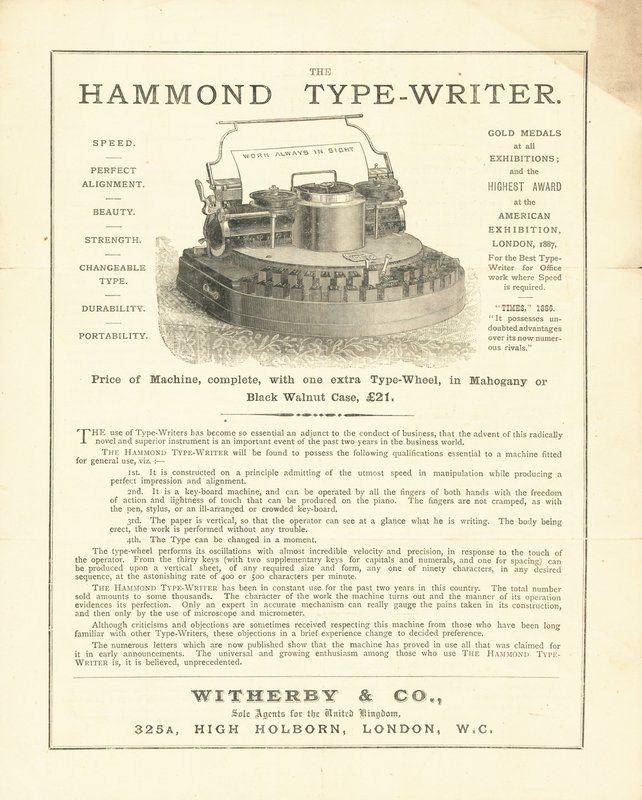 Hammond Type-Writer od Wetherby & Co, High Holborn, Londýn od English School
