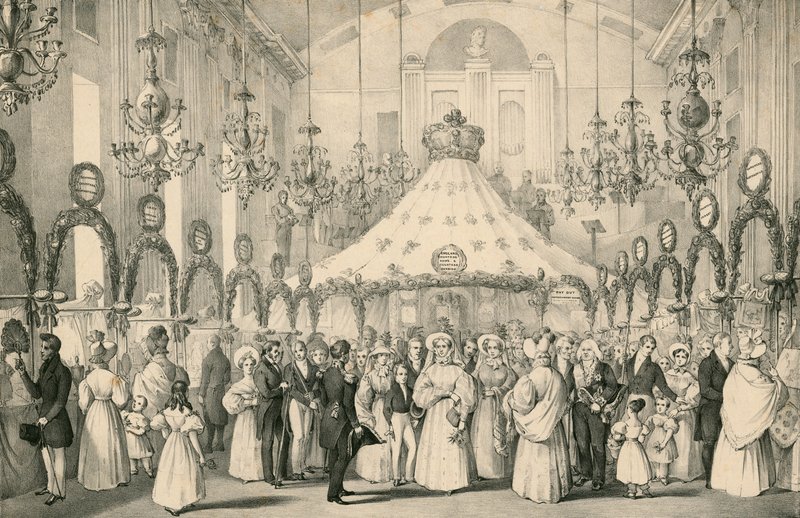 Místnosti na Hanover Square, kde si královna Viktorie soukromě prohlédla veletrh na pomoc cizincům v nouzi, který se konal 19. června 1833. od English School