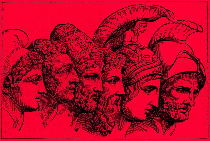 Hrdinové trojské války: Paříž, Diomedes, Odysseus, Nestor, Achilles, Agamemnon, ilustrace z Ilustrované historie světa, vydaná kolem roku 1880 (digitálně vylepšený obrázek) od English School