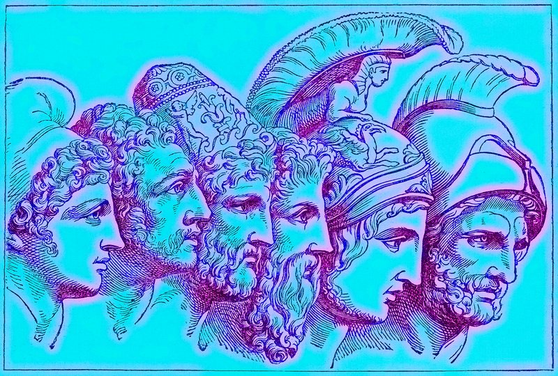 Hrdinové trojské války: Paříž, Diomedes, Odysseus, Nestor, Achilles, Agamemnon, ilustrace z Ilustrované historie světa, vydaná kolem roku 1880 (digitálně vylepšený obrázek) od English School