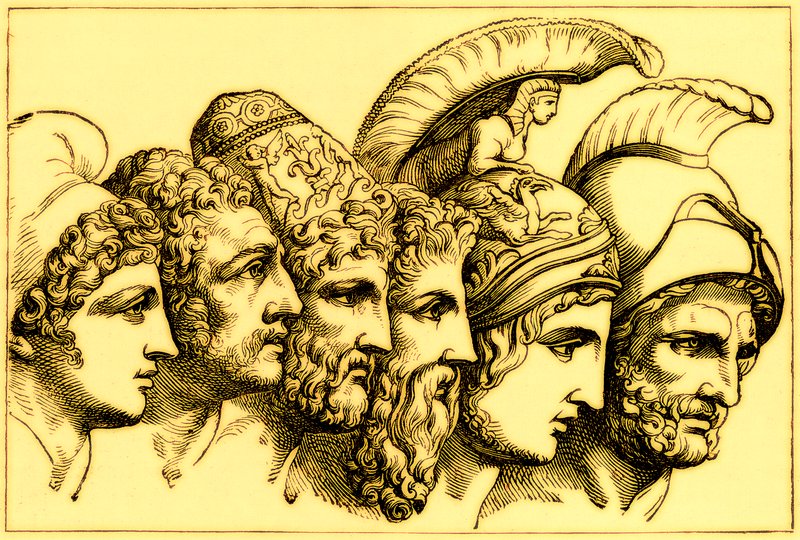 Hrdinové trojské války: Paříž, Diomedes, Odysseus, Nestor, Achilles, Agamemnon, ilustrace z Ilustrované historie světa, vydaná kolem roku 1880 (digitálně vylepšený obrázek) od English School