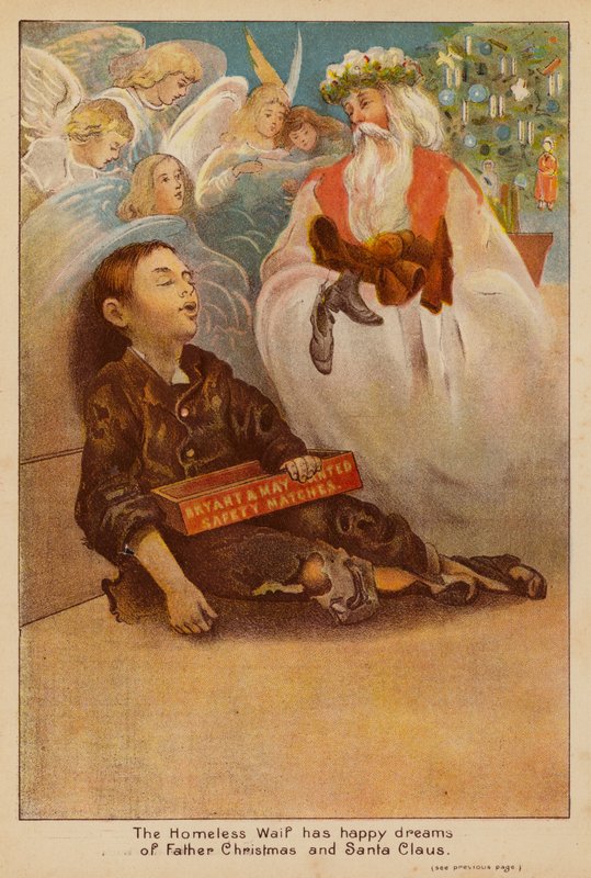 Bezdomovec Waif má šťastné sny o Ježíškovi a Santa Clausovi (barevná litografie) od English School