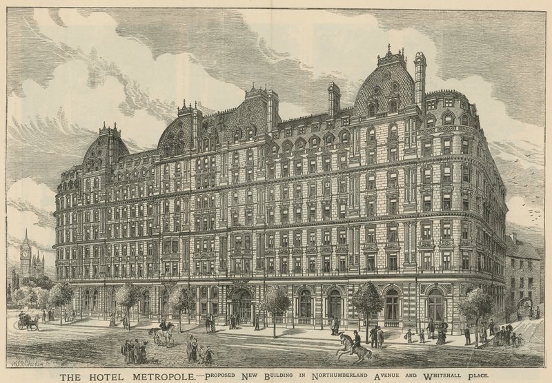 Hotel Metropole, navrhovaná nová budova v Northumberland Avenue a Whitehall Place od English School