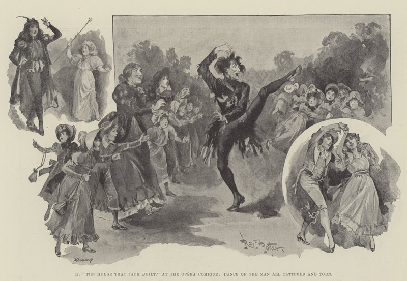 "Dům, který postavil Jack," v Opeře Comique, Dance of the Man celý potrhaný a roztrhaný (rytina) od English School