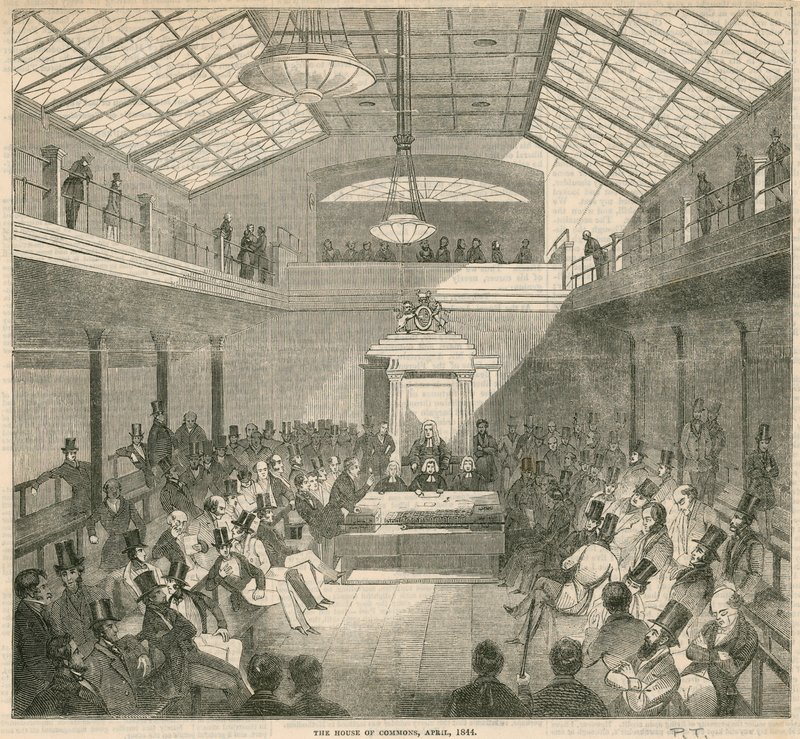 Dolní sněmovna, Westminster, Londýn, v dubnu 1844 od English School