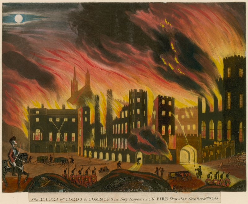 Sněmovny lordů a Commons, když se objevily v plamenech, 16. října 1834 od English School