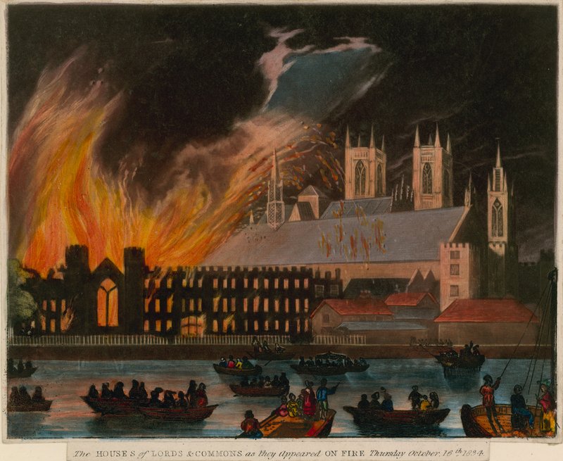 Sněmovny lordů a Commons, když se objevily v plamenech, 16. října 1834 od English School