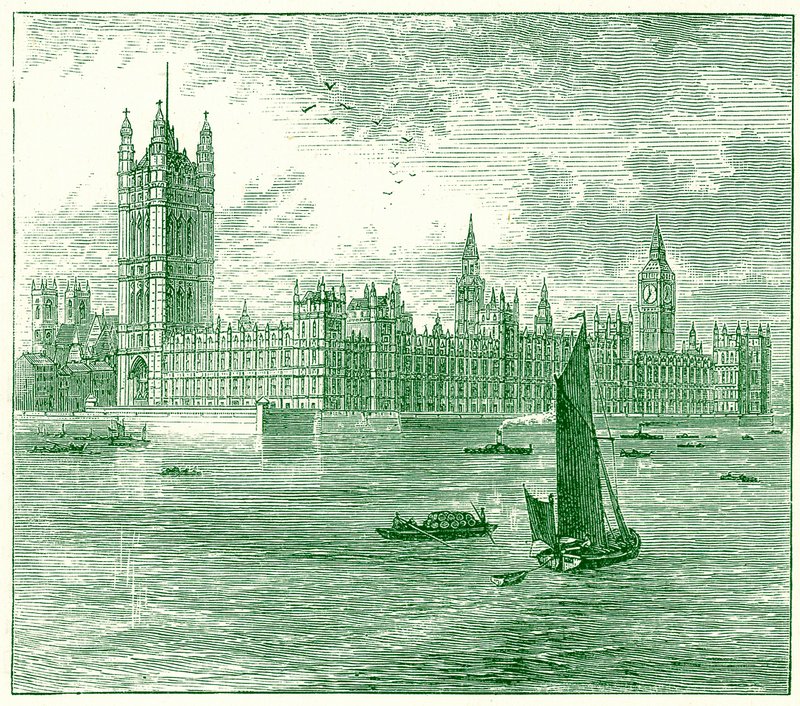 The Houses of Parliament and Westminster Abbey, ilustrace z The World as it Is od George Chisolma, publikovaná v roce 1885 (digitálně vylepšený obrázek) od English School